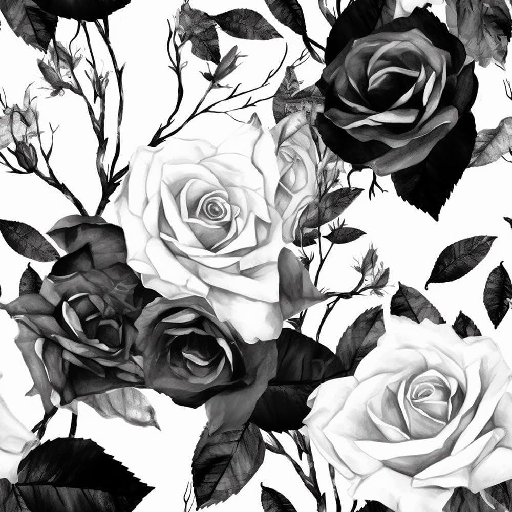 18"x236" Black and White Vintage Roses Floral Peel and Stick Self Adhesive Wallpaper Removable Contact Paper Stick on Easy Peel Off Wall Paper for Kitchen Bedroom Bathroom Renter