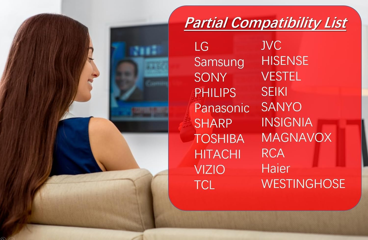 Partial compatibility list for the Pilotage Universal Remote Control, showing various TV brands.
