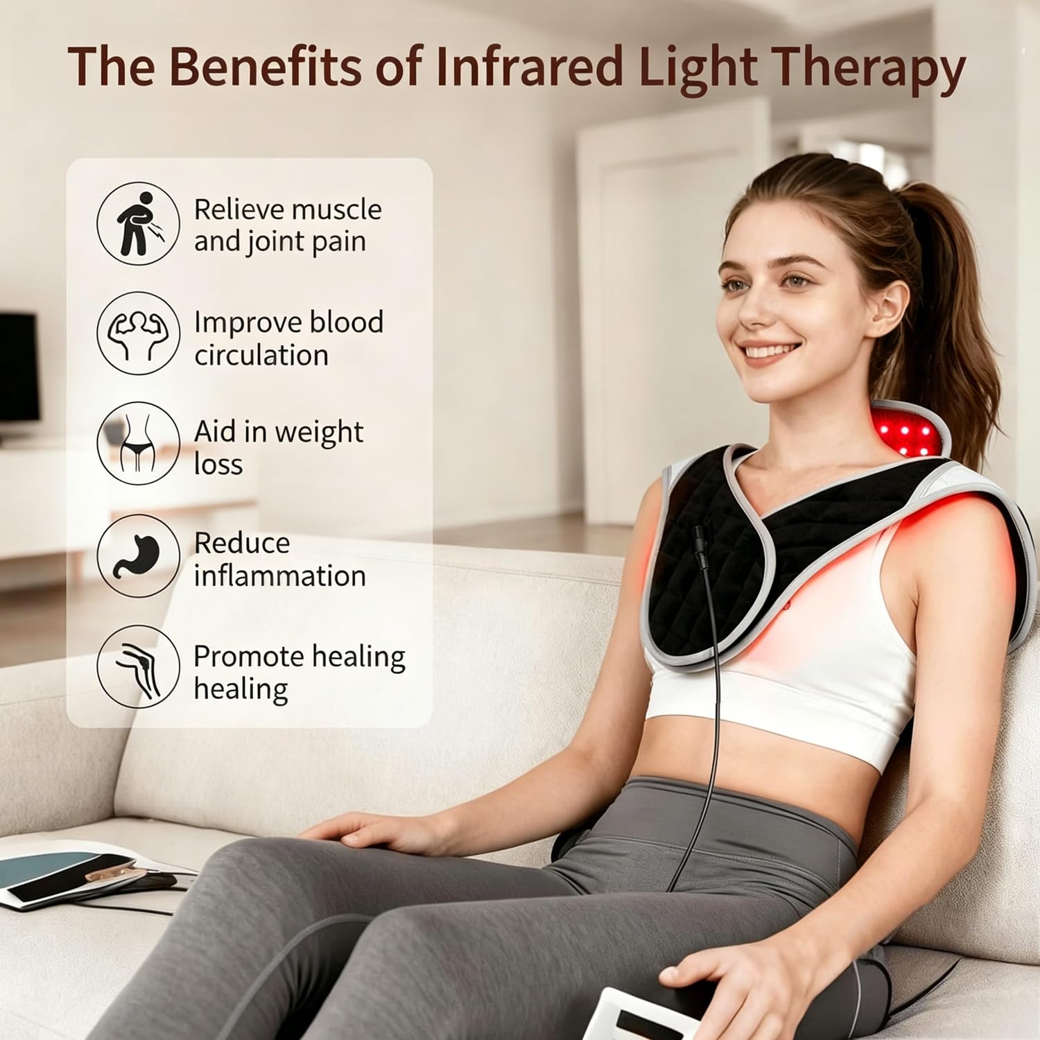 Terapia de Luz Roja e Infrarroja para Cuello Hombros Cervical Espalda Alivio del Dolor, Almohadilla Térmica Infrarroja, 660nm 850nm Lámpara de Infrarrojos Luz Roja Terapia Muscular y Articulaciones