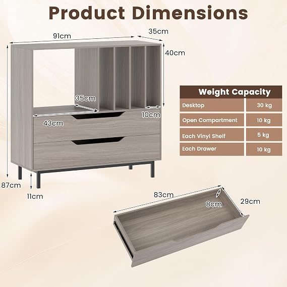 COSTWAY Record Player Stand, Wooden Turntable Stand End Sofa Side Table with 5 Open Display Shelves and 2 Drawers, Metal Legs Vinyl Record Storage Cabinet Holder for Living Room Bedroom (Grey)
