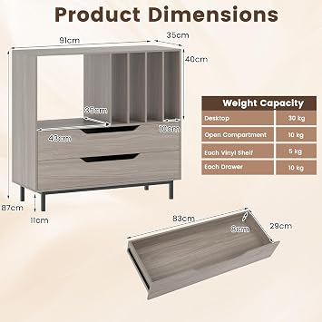 COSTWAY Record Player Stand, Wooden Turntable Stand End Sofa Side Table with 5 Open Display Shelves and 2 Drawers, Metal Legs Vinyl Record Storage Cabinet Holder for Living Room Bedroom (Grey)