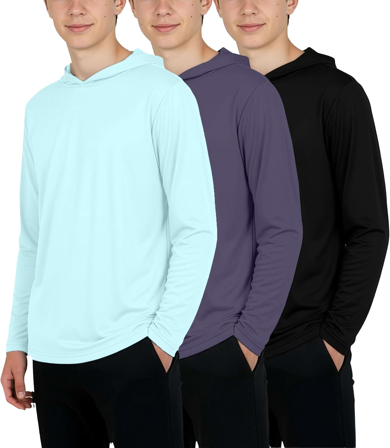 Real Essentials 3 Pack: Dry-Fit Youth Boys Teen Active Long Sleeve Hoodie Sweatshirts - Hooded Pullover Shirts