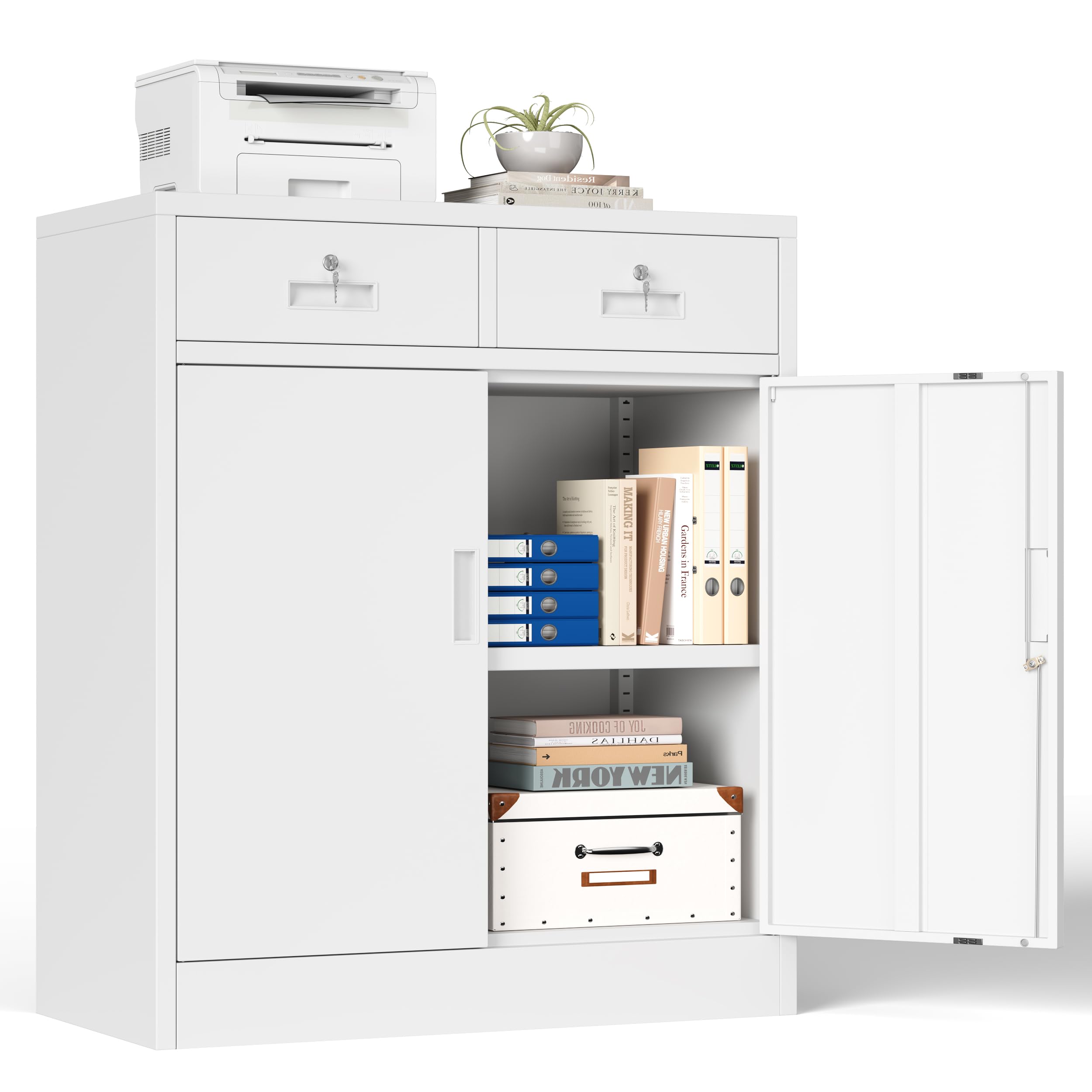 Metal Storage Cabinet, 90cm Locking Storage Cabinet with Doors, Steel Storage Cabinet with 2 Drawers and Adjustable Shelf for Garage, Home, Office, Utility Room, Assembly Required(White, 90*80*40)
