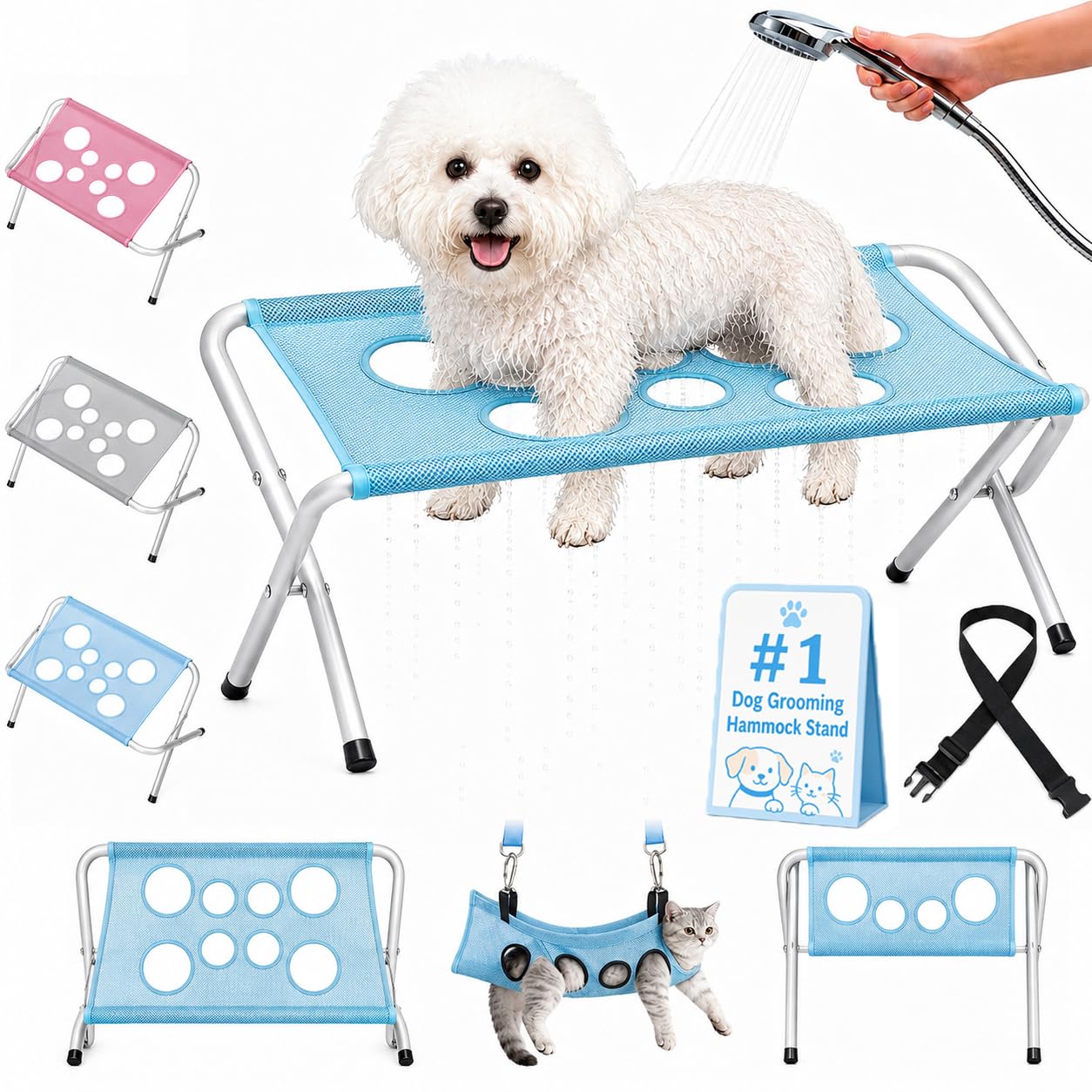 Dog Grooming Hammock Stand, Foldable Pet Bath Holder Sling Shower Chair, Heavy-Duty Pet Bath Stool for Small & Medium Dogs, Home Salon Grooming, Washable Mesh, Joint Support Restraint (A-blue)