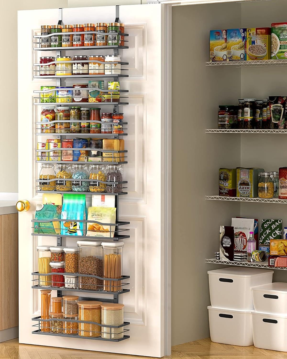 Moforoco 9-Tier Over The Door Pantry Organizer Pantry Organization and Storage Black Hanging Basket Wall Spice Rack Seasoning