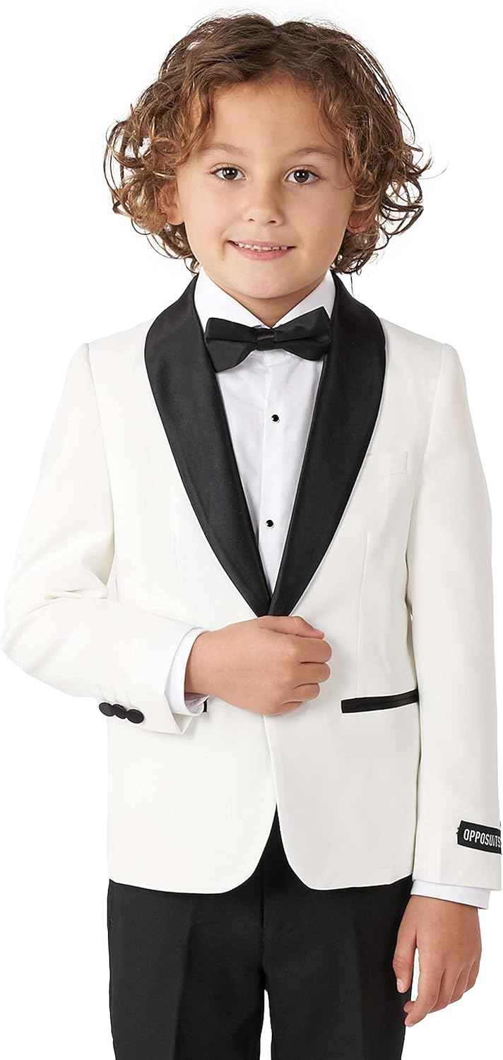 Opposuits Boys Formal Outfit - Premium Tuxedo Suit - Christmas - Slim Fit - White and Black - Includes Blazer, Pants and Bow Tie