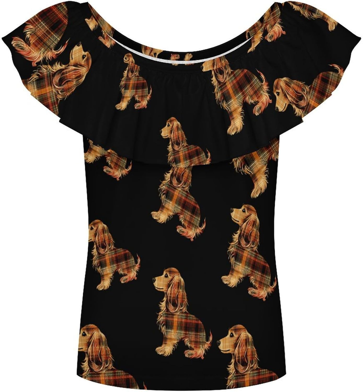 Dachshund Dog Plaid Tartan Pattern Girls T-Shirts Top Ruffle Short Sleeve Blouse Casual Graphic Tees
