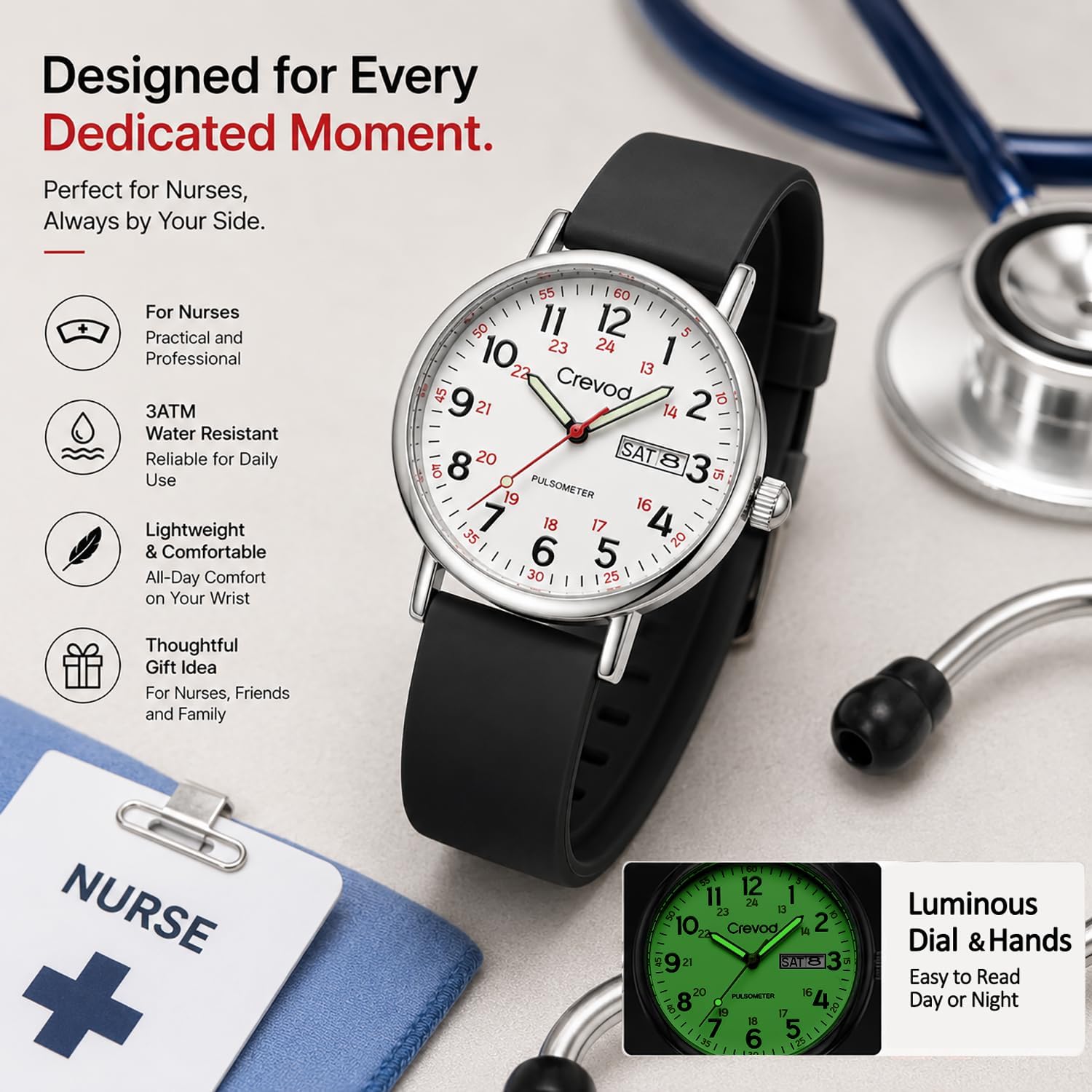 Waterproof Nurse Watch for Medical Professionals, Women Men, 24 Hour with Second Hand, Military Time Easy to Read Dial Day Date Pulsometer
