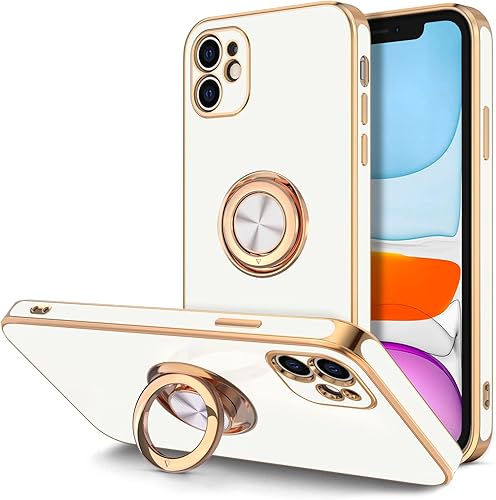 Miniatura 12 de Hython Funda para iPhone 11 con soporte de anillo [soporte de anillo giratorio de 360° con soporte magnético] [borde de oro rosa chapado en brillo]