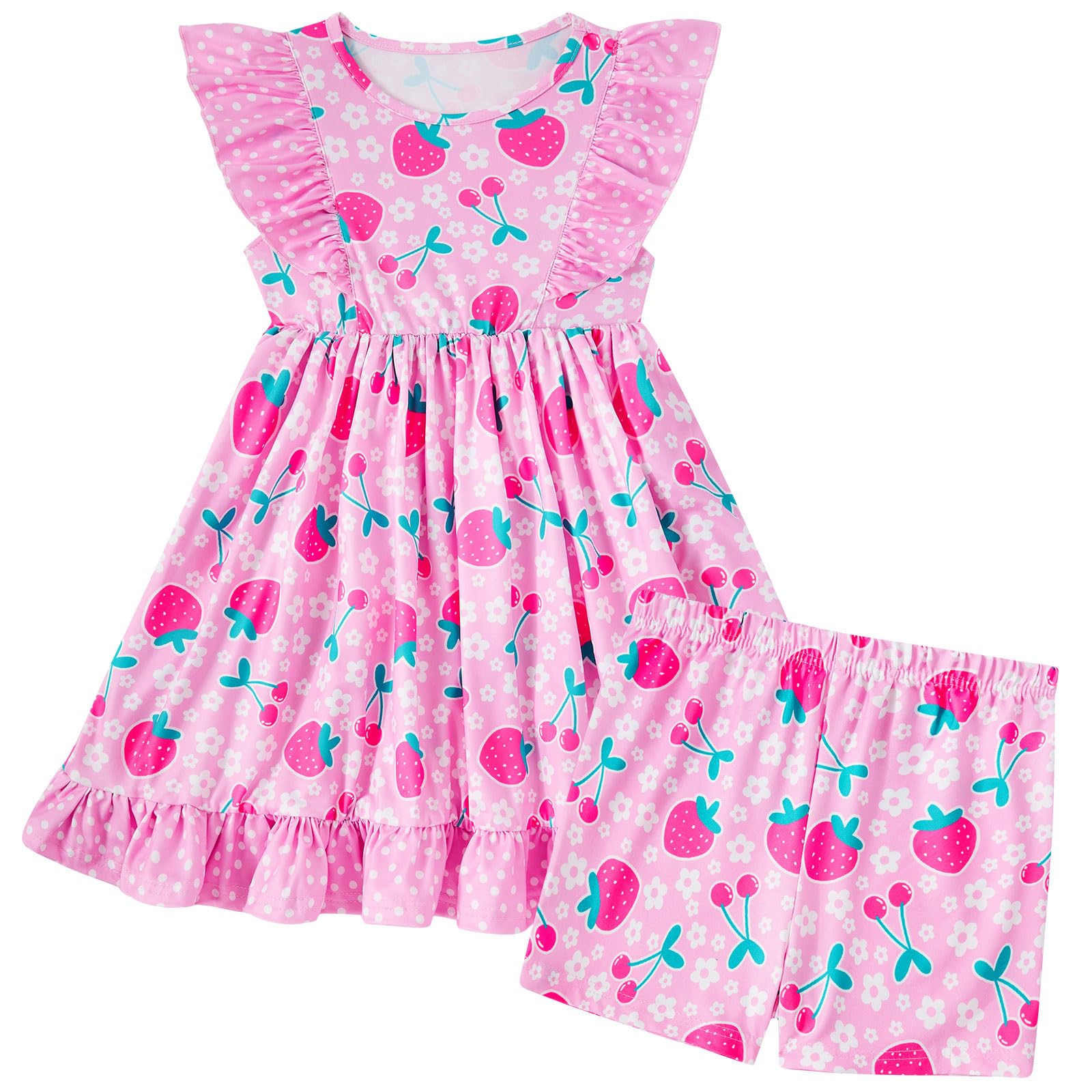Enlifety 2-6T Toddler Girls Summer Dress Ruffle Sleeve Casual Dresses with Matching Shorts