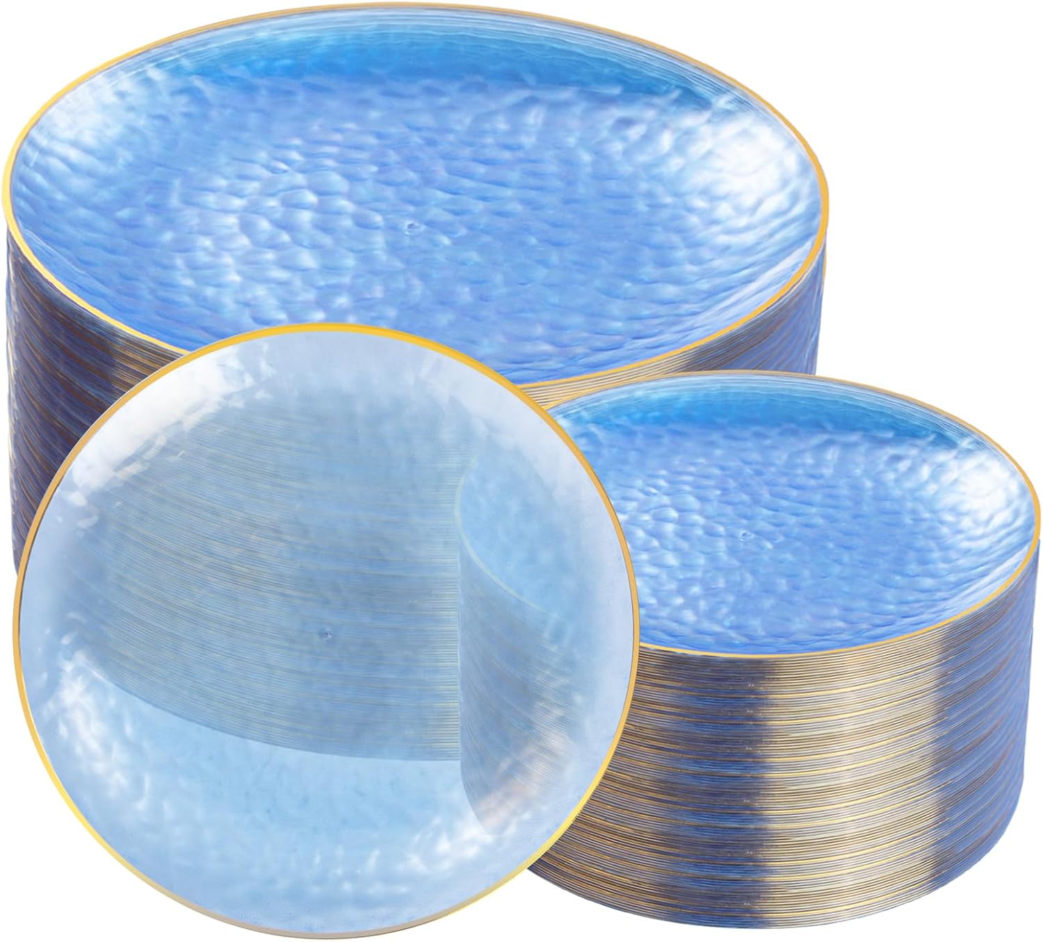 Rubtlamp 100Pcs Blue Gold Plastic Plates, Blue Disposable Plates With Gold Rim, Hammered Plastic Plates Include 50 Dessert Platos, 50 Dinner Platos for Party Clear Blue Gold