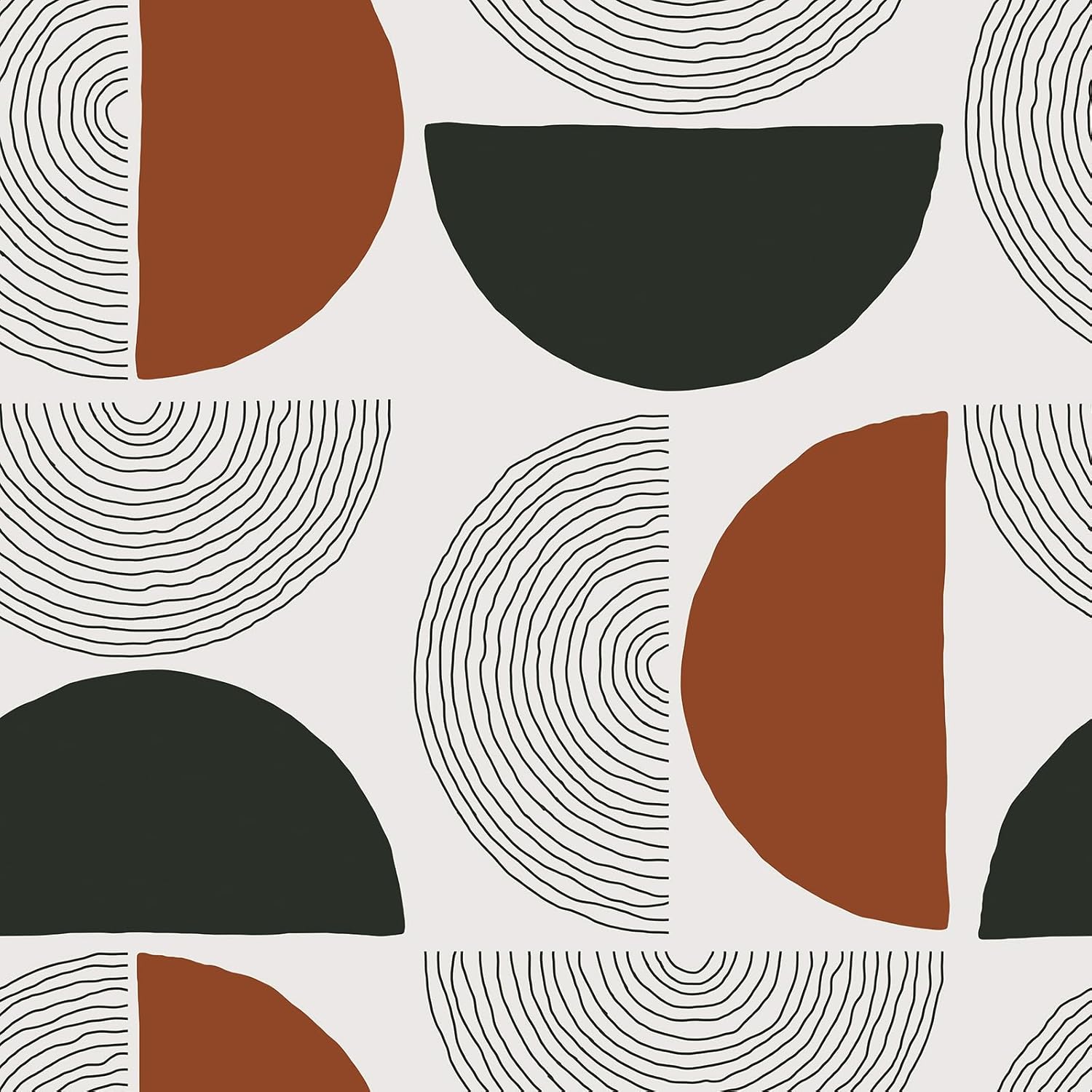 FunStick Modern Abstract Wallpaper Peel and Stick Brown Black Grey White Mid Century Geometric Wallpaper for Bathroom Waterproof Semi Circle Pattern Removable Contact Paper for Cabinets Walls 17.5x118