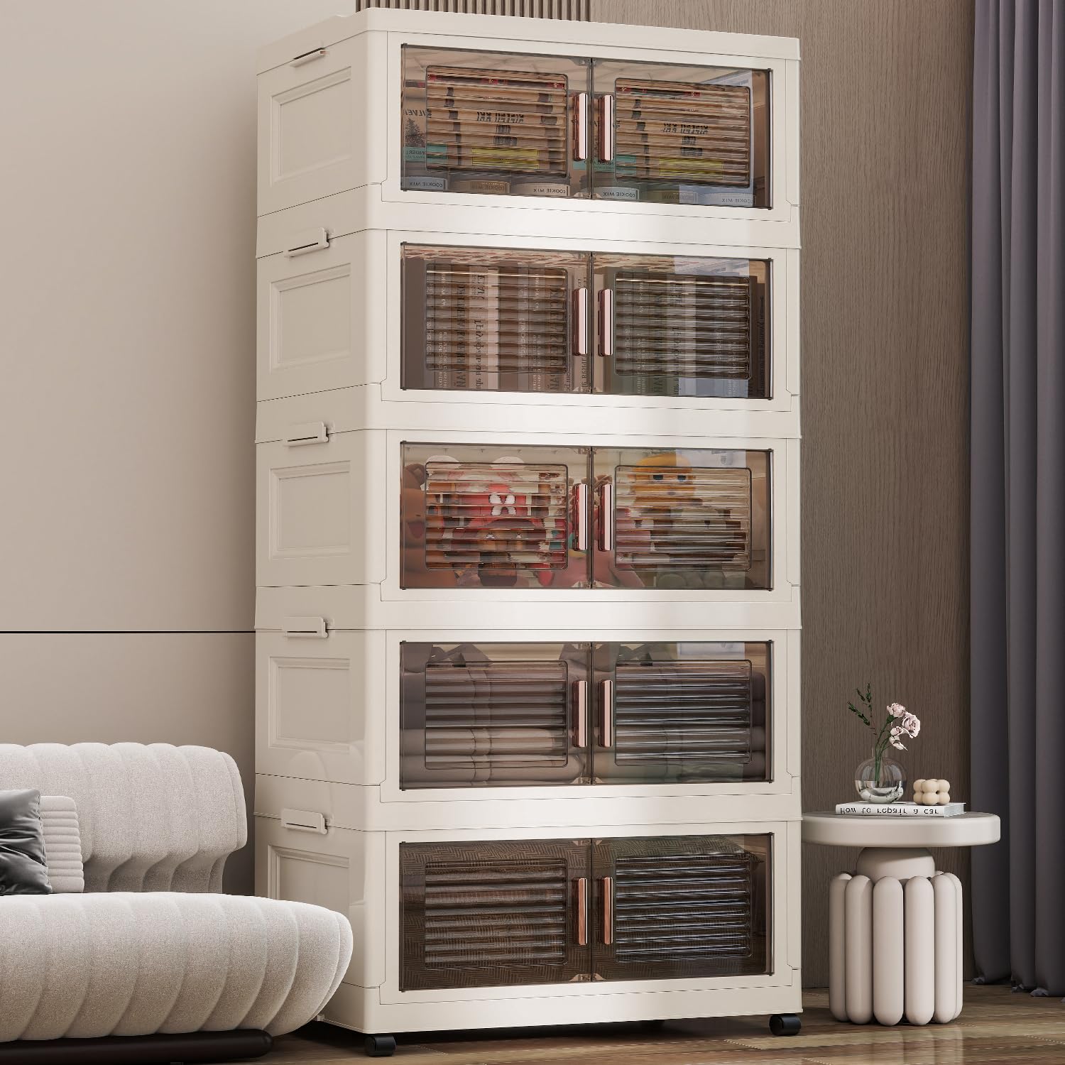 Storage Bins with Lid, 115 Gal/450 Qt Collapsible Storage Bins with Doors and Wheels, Closet Organizers and Storage,5 Pack Stackable Storage Bins Open Front,Plastic Storage Bins for Closet Clothes