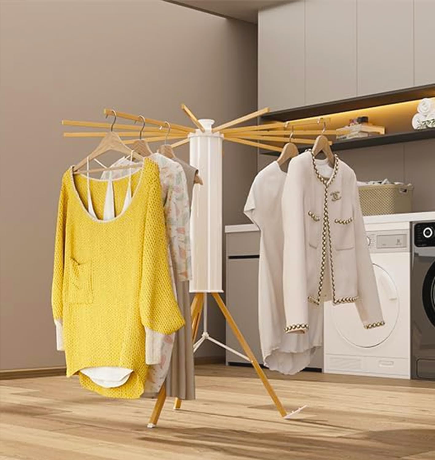 Dr.DJ Tripod Drying Rack Portable, Foldable Drying Rack Clothing with 12 Wood Drying Arms, Standing Laundry Hanger Rack Round Collapsible & Portable Handle for Laundry Room, Balcony, Bedroom, RV