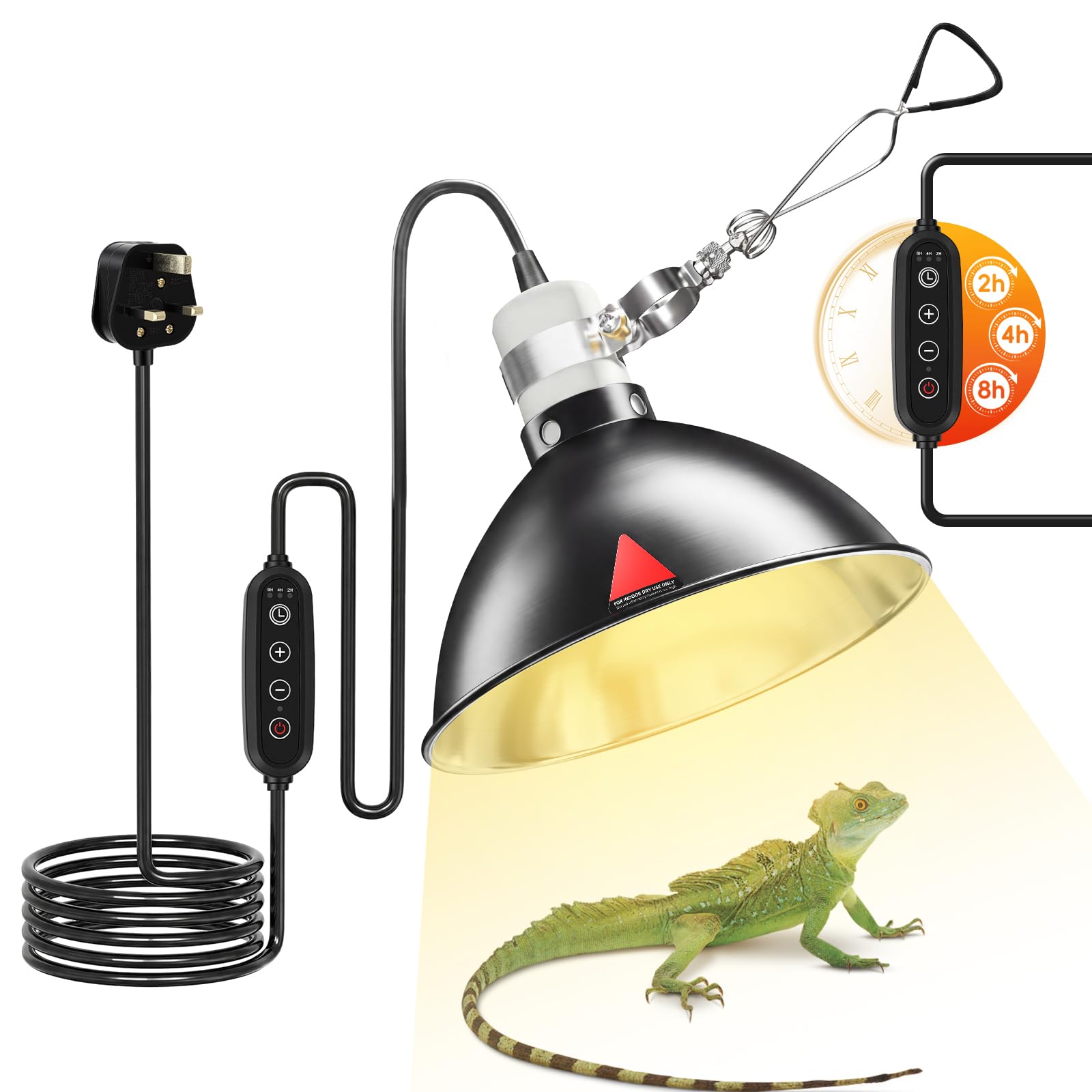 Vutlace Reptile Heat Lamp, Tortoise Heat Lamp with Timer, 150W E27 Infrared Reptile Heat Lamp with 2/4/8 Timer, Terrarium Hood lamp for Reptile, Tortoise, Beard Dragon(Without Bulb) (Upgraded 300W)