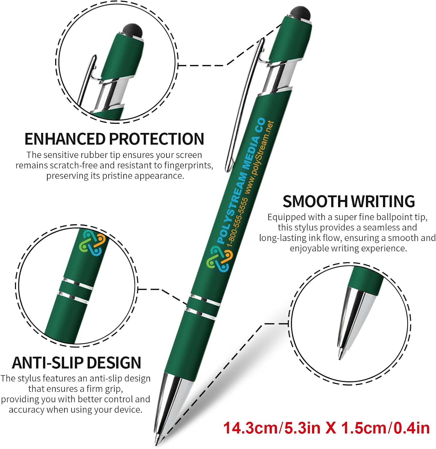50 Pack Personalized Pens with Stylus - Custom Full-Color Logo, Name & Message -Black Ink, Smooth Writing - Great Gift for Office, Teachers, and Students & Corporate Events, DeepGreen