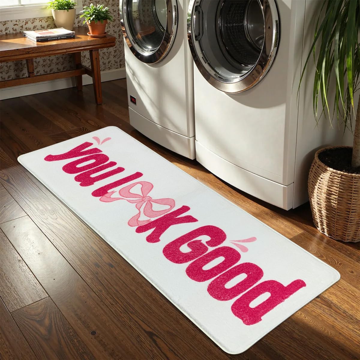 SHIYUE You Look Good Bath Mat Cute Bow Funny Bathroom Rug, Soft Absorbent Water Non Slip, Superior Washable Microfiber Cool Shower Preppy Decor Rug (17"x48"Pink)