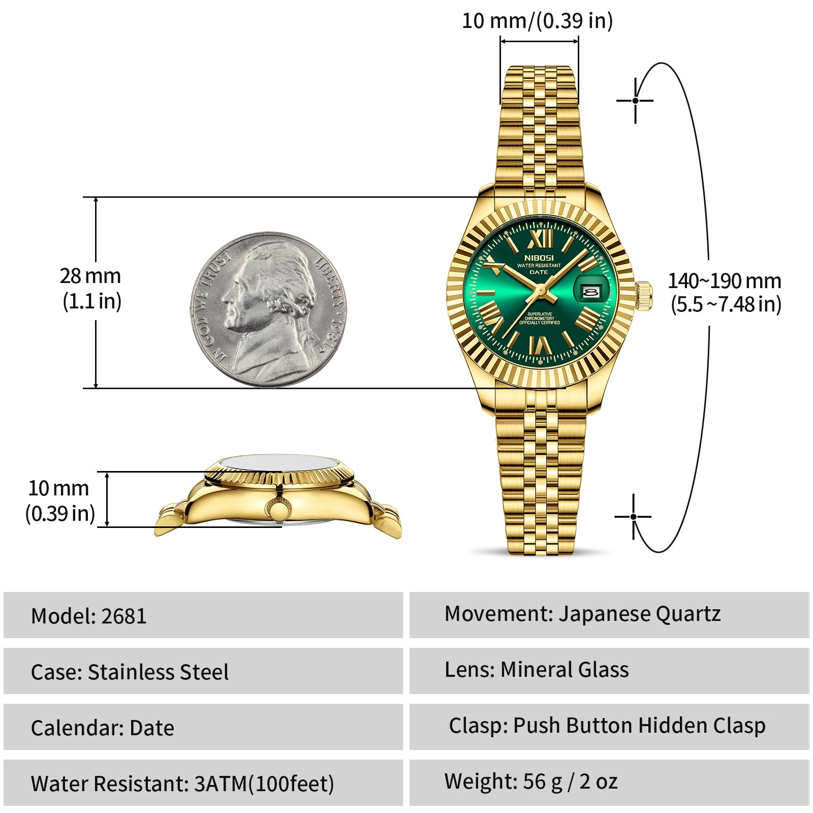 NIBOSI Relojes para mujer, analógico, de cuarzo, impermeables, con fecha, delicado, moderno, de acero inoxidable, para muñecas pequeñas, elegante, para mujer
