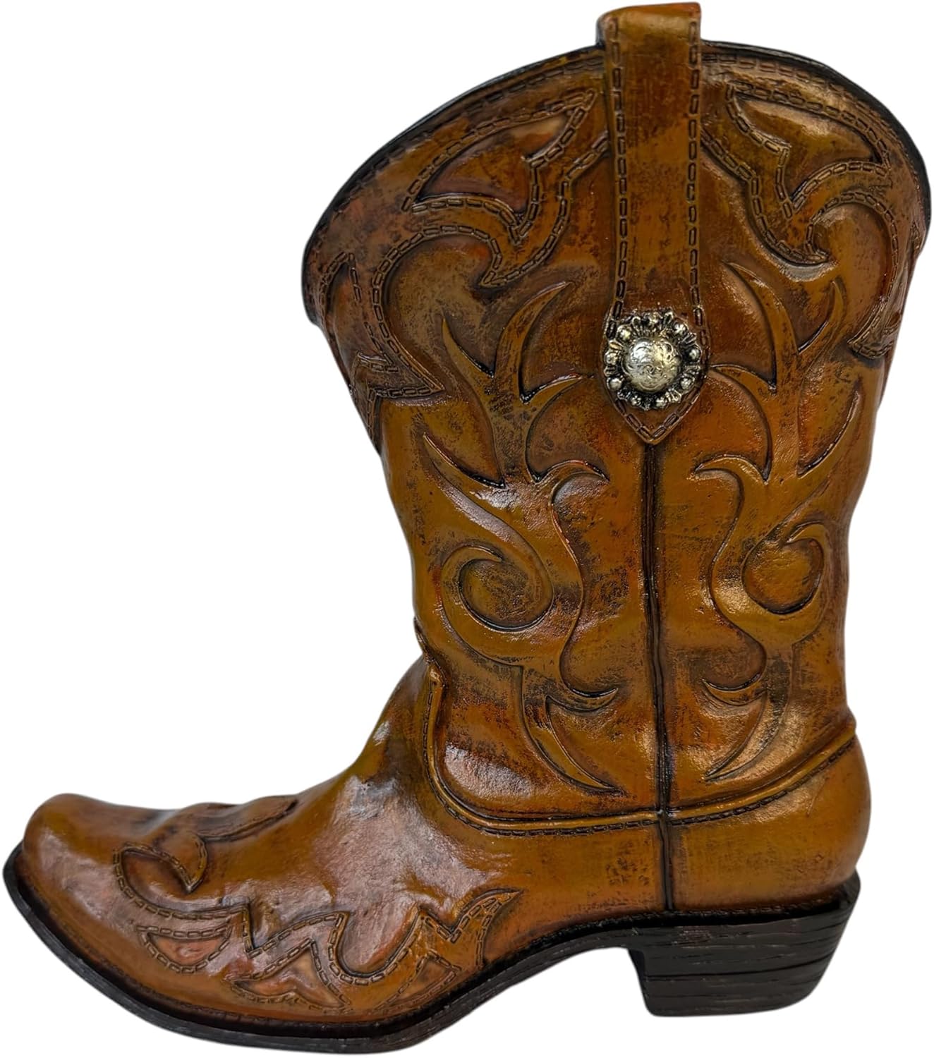 Rustic Western Cowboy Boot Vase for Flowers or Standalone Decoration – Resin Floral Holder with Vintage Worn Leather Look, Embossed Detailing, and Metal Concho Accent - Home or Office