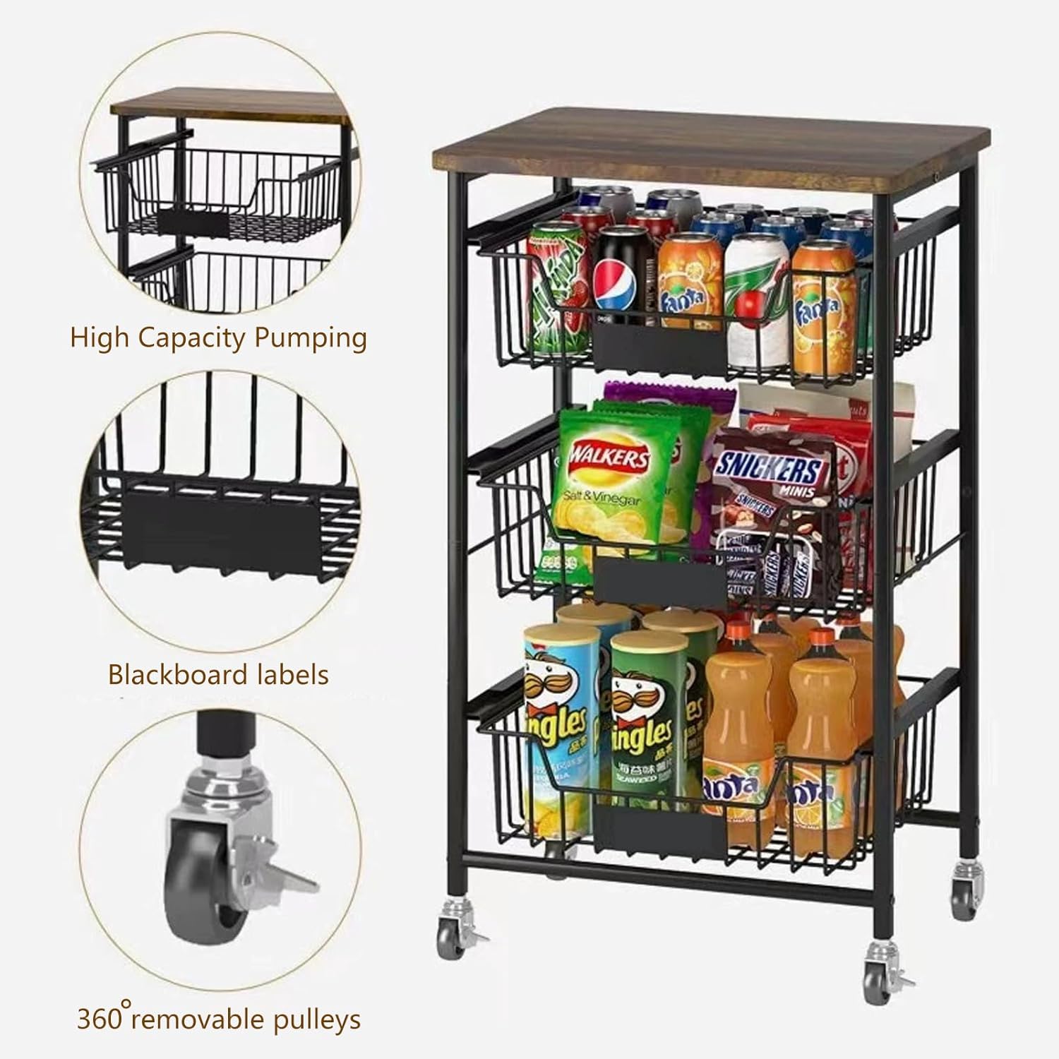 Multi-Tier Kitchen Organizer and Storage Cart with Wheels Pull-Out Baskets Wood Top Fruit Basket Snacks Vegetables Storage Basket Pantry Rack (Black, 5 Tier)
