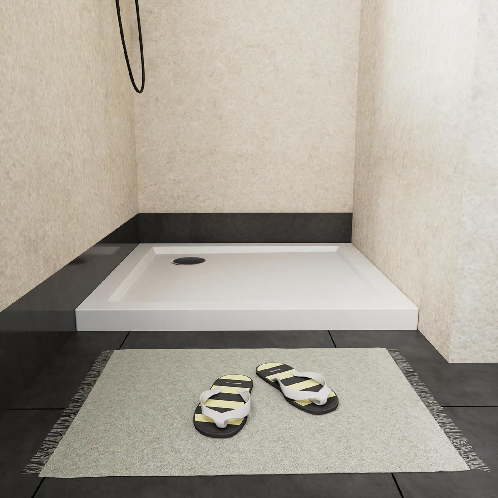 Plato de Ducha Cuadrado con Patas Ajustables, Platos Ducha Acrílicos, Resistente, Capacidad de Carga de 250 kg, Superficie Texturizada Antideslizante y Manguera de Drenaje de 80 cm(90x90cm/35.4x35.4in