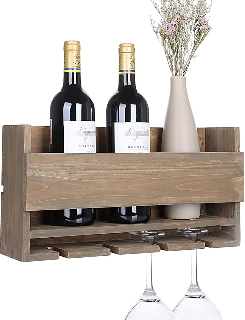 Vencipo Rustic Wall Mounted Wine Rack for 4 Red Wine Glasses Storage, Wooden Wine Bottle Holder for Farmhouse Kitchen Decor, Floating Wine Shelf Organizer for Living Room Display.