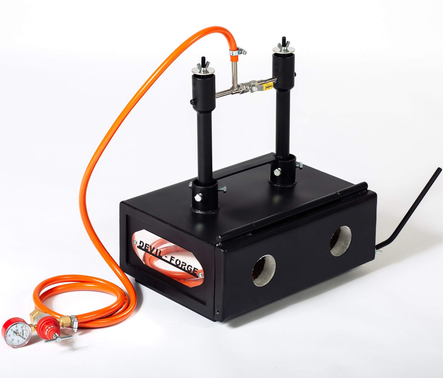 DEVIL-FORGE Fragua de gas DFHS2+1D/3.6” Horno de Forja, 2 Quemadores DFP (160.000 BTU) usas 1 o 2, Válvula de bola gas, Estrangulador de aire, 1 Puerta, cuchillos, herraduras, Herrero, Herrador 1370°C