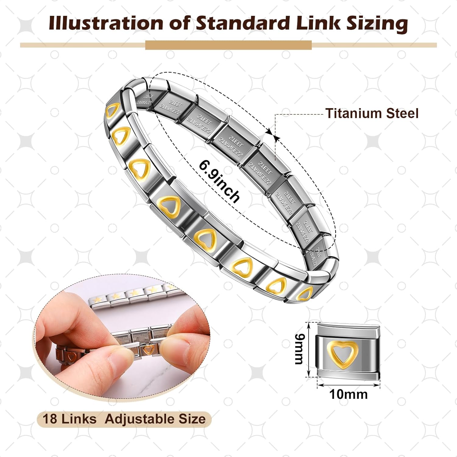 Huquary 6 Pcs Italian Charm Bracelets Shiny 9mm Starter 18 Links Stainless Steel Italian Bracelet Modular Links
