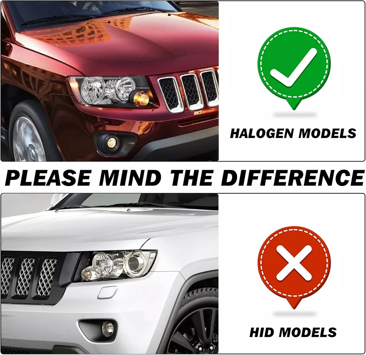 Headlights Assembly Pair with bulbs for 2011-2013 Jeep Grand Cherokee & 2011-2017 Jeep Compass Halogen Headlights Headlamps L+R (CHROME+AMBER SIDE)