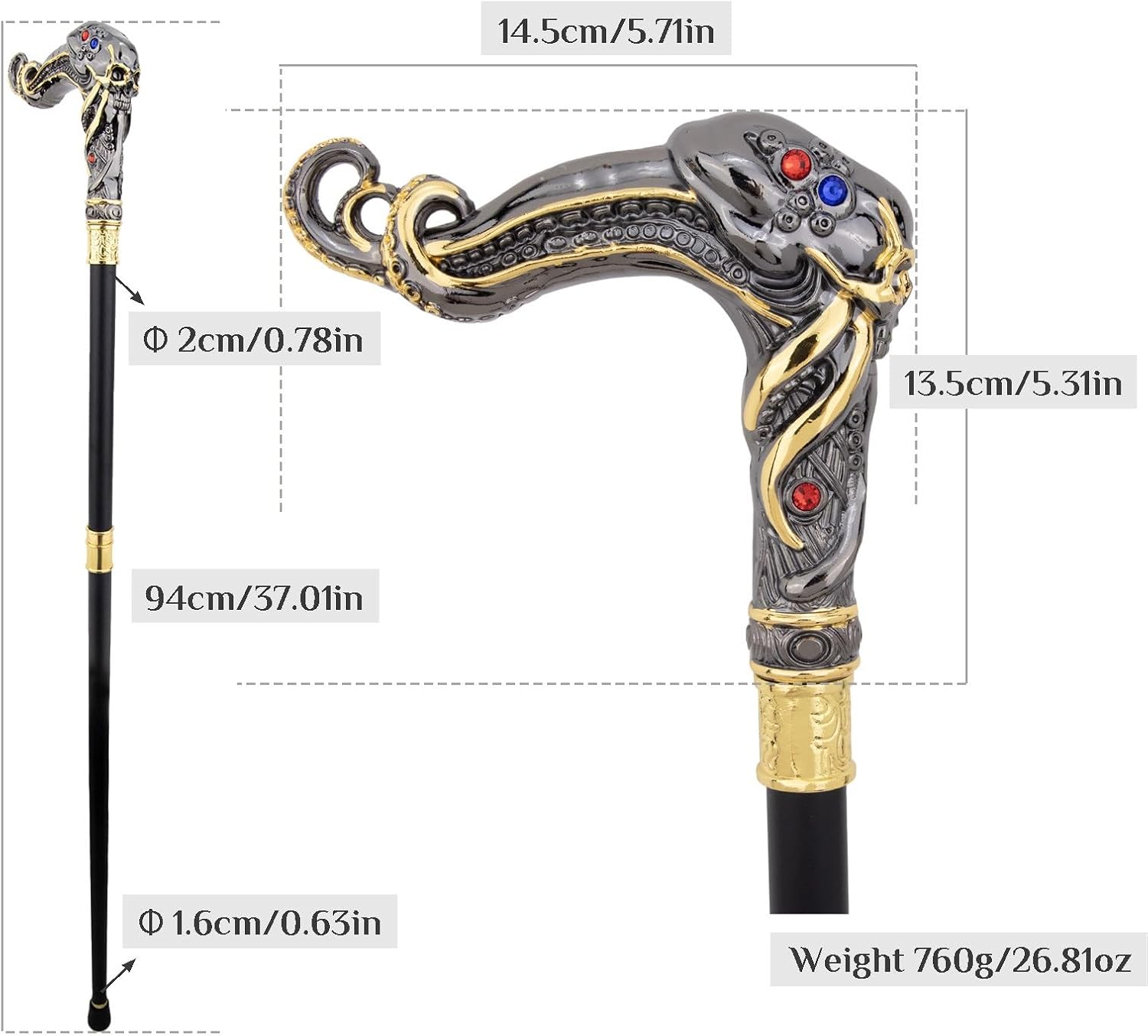 Octopus Skeleton Walking Canes, with Ergonomic Handle and Anti Slip Rubber Tip Men Womens Luxury Decorative Cospaly Stick 94cm