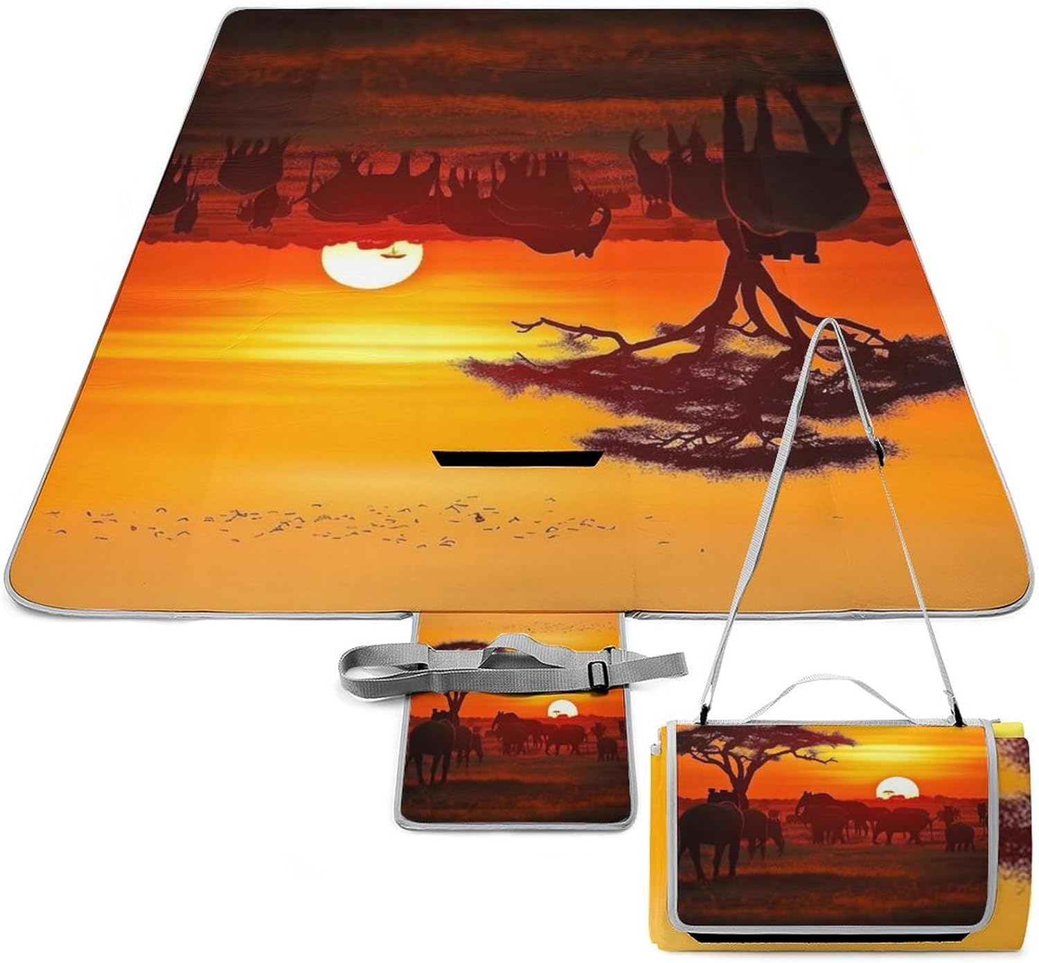 African Animal Sunset Waterproof Picnic Blanket 58.3''x58.3'',Portable and Foldable Picnic Mat with Handle,Outdoor Blankets for Lawn Park Beach Travel