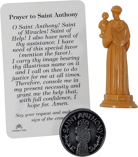 Miniatura 3 de Mini estatua de San Antonio (2.5 pulgadas), con tarjeta de oración laminada, moneda de bolsillo de San Antonio, tarjeta de oración del Señor, figura