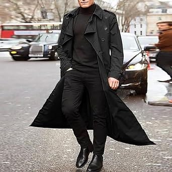 Men's Trench Coat Full Length Double Breasted Lapel Long Coat Fall Winter Casual Slim Fit Classic Stylish Business Overcoat