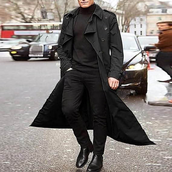 Men's Trench Coat Full Length Double Breasted Lapel Long Coat Fall Winter Casual Slim Fit Classic Stylish Business Overcoat