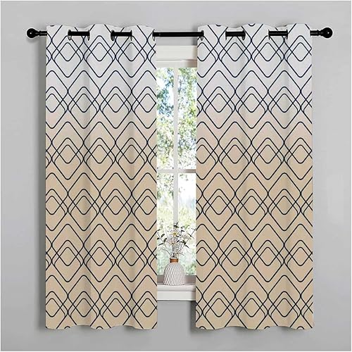 Cortinas para Cocina Cream Coloured Geometric Checked Divisor De Habitaciones Blackout Fabric 55Inch Width by 45Inch Length,2 Panels