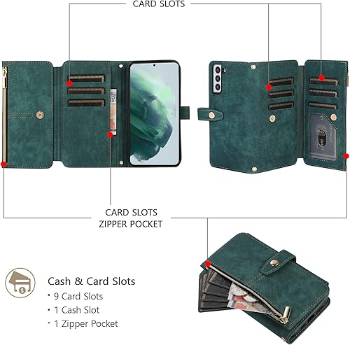 Miniatura 64 de UEEBAI Funda para Samsung Galaxy S21 FE 5G, 9 ranuras para tarjetas, cartera de cuero retro a prueba de golpes, con correa de mano, ranuras