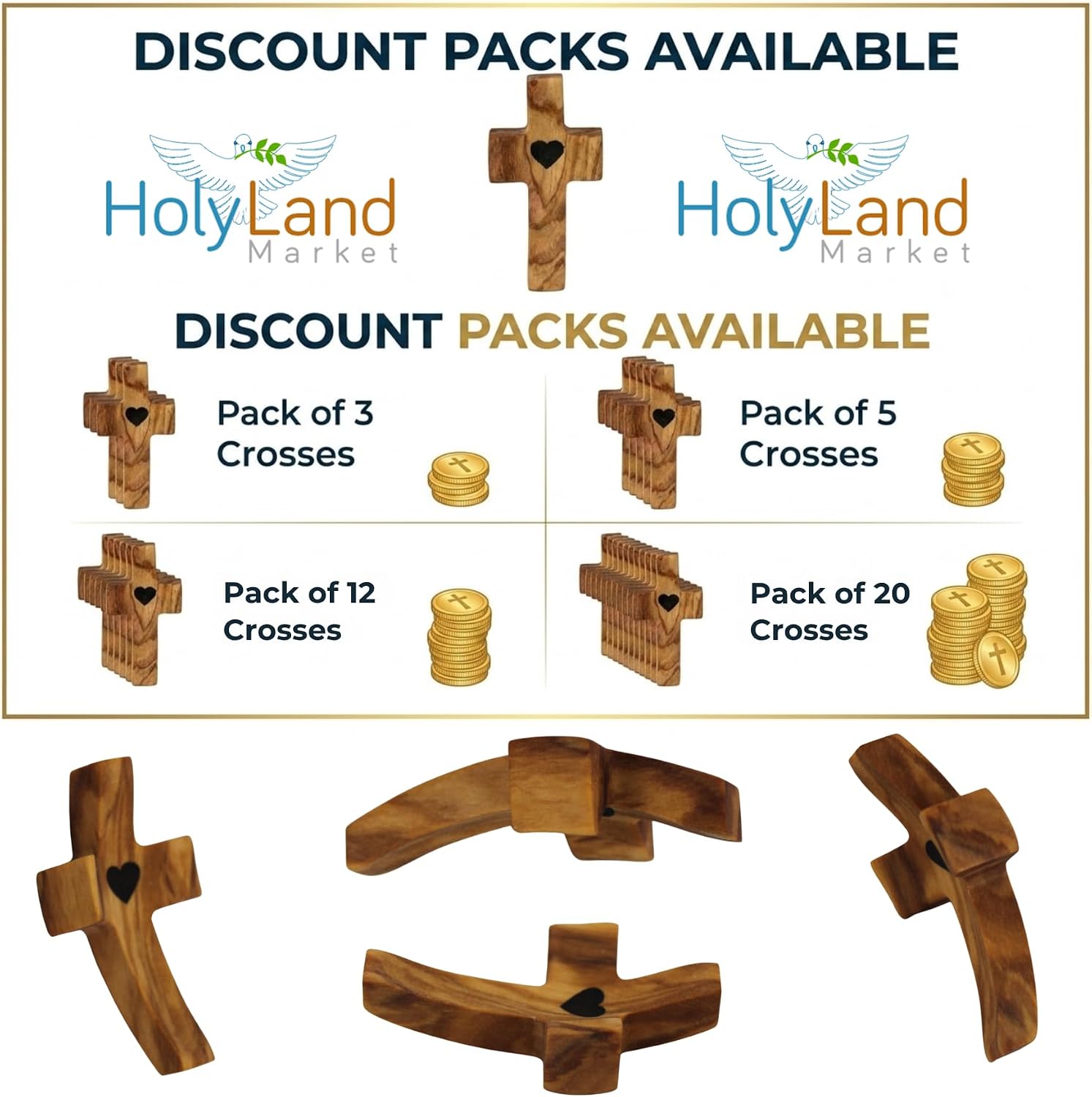 Holy Land Market Olive Wood Pocket Fidget Worry Thumb Crosses – Hand-Carved Prayer Crosses with Certificates & Velvet Pouches for Anxiety and Stress Relief - 3 Packs