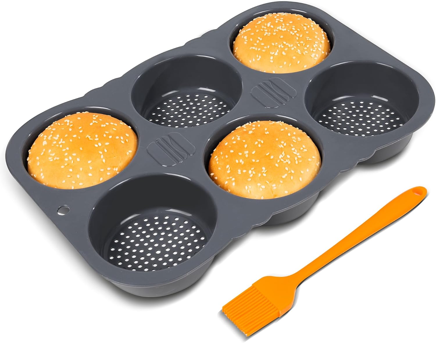 Hamburger Bun Pan, Non-Stick Silicone - Oven-Safe, Vented 6-Cavity Baking Mold, Dishwasher Safe with Basting Brush
