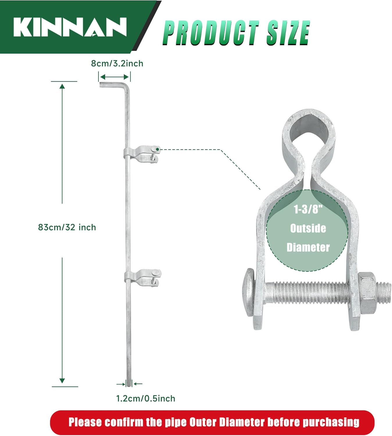 KINNAN 1-3/8" x 32" Gate Drop Rod Kit for Chain Link Fence, Heavy Duty Gate Cane Bolt for Single or Double Gate, Galvanized Steel Drop Rod, Chain Link Fence Parts, Easy to Install, Durable, 1 Pack