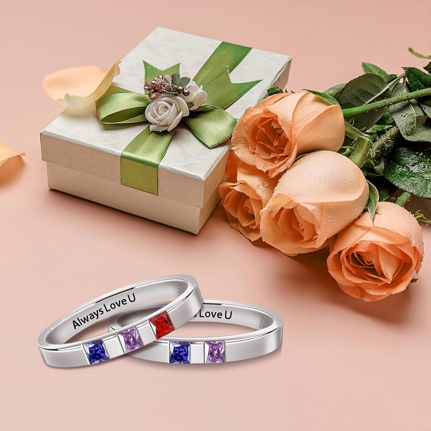 925 Sterling Silver Personalized 2-4 Birthstones Rings for Women Men Custom Promise Ring for Her Custom Engraved Couple Rings for wife Husband