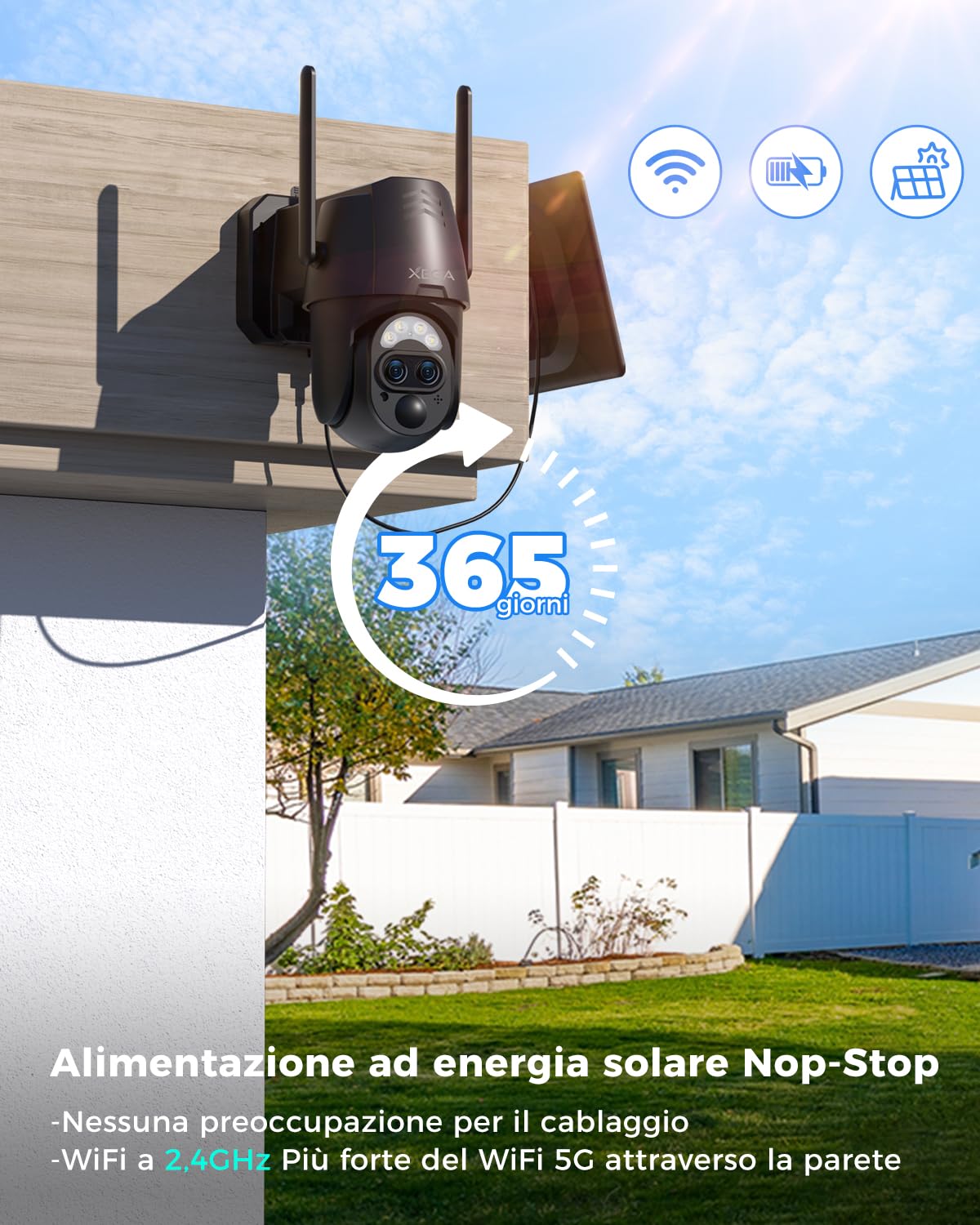 Xega 2K Telecamera Wi-Fi Esterno Solare【12X Zoom Ibrido】 Doppia Lente PTZ Videocamera Sorveglianza con AI Rilevamento Umano, Visione Notturna Colori, Audio Bidirezionale, 2.4GHz, IP66 | PTZ Videocamera Sorveglianza con AI Rilevamento Umano, Visione Nottur
