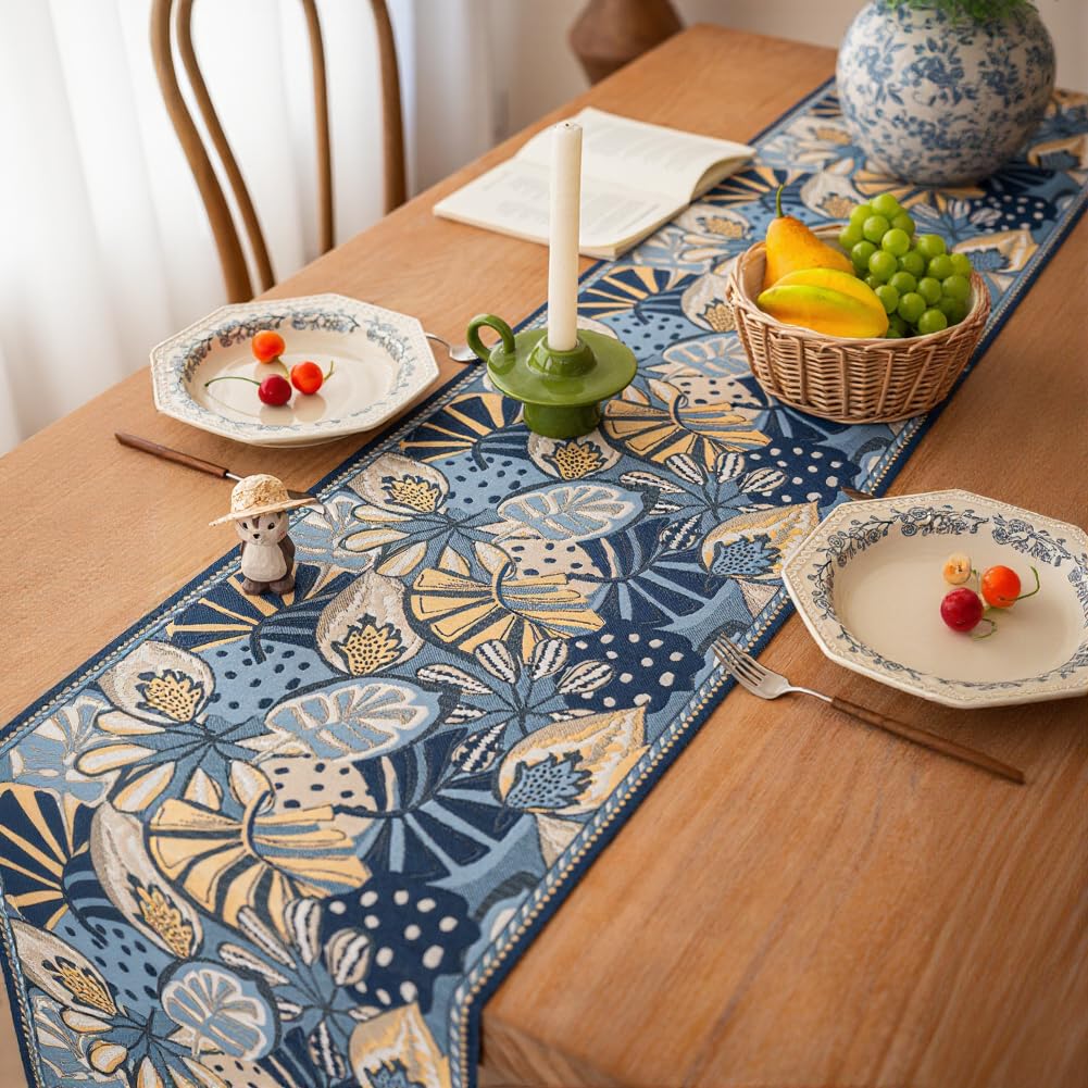 Tavolo jacquard con nappe, 35 x 180 cm, elegante ciniglia, decorazione per sala da pranzo, festa di nozze, camino, comò, bancone della cucina (35 x 120 cm, blu)