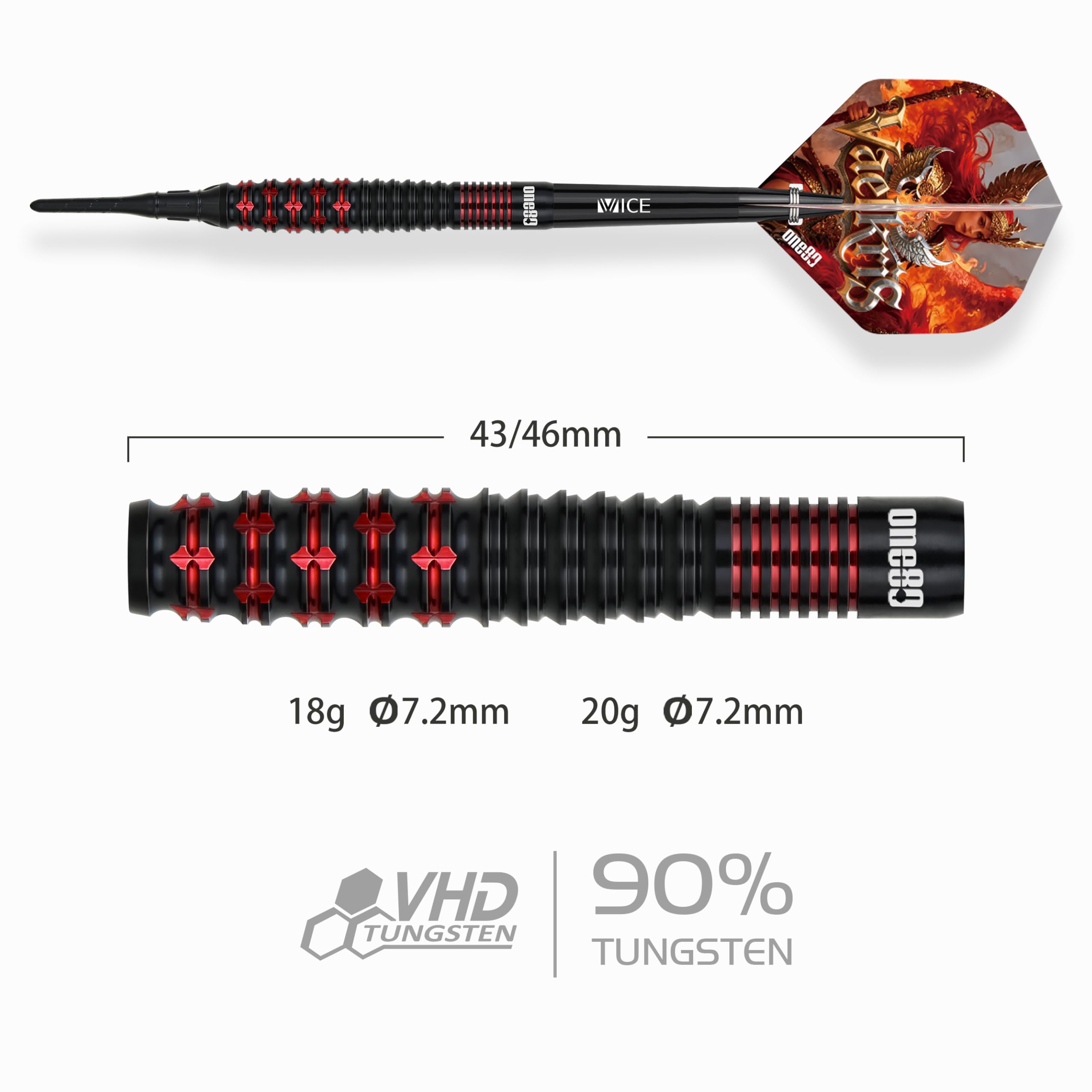 ONE80 Soft Dart Wraith VHD Lot de fléchettes souples en tungstène 90 % tungstène avec tiges et ailettes