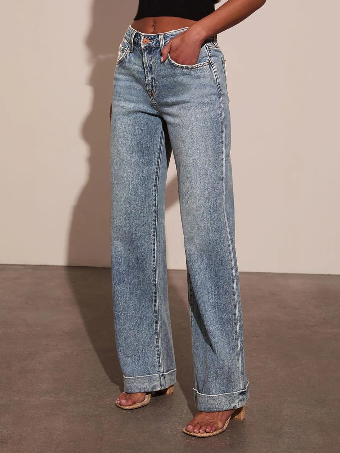 KUNMI Jeans for Women Wide Leg Baggy High Waist Boyfriends Straight Leg Stretchy Denim Pants Trendy Fall 2025