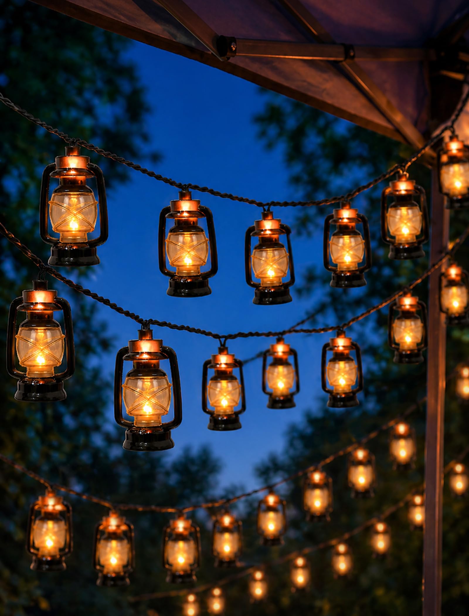 12FT Kerosene Lantern String Lights, 20 LED Warm White, Black Wire