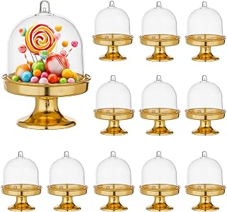 12 Pcs Plastic Mini Cake Stand with Dome Cover, Candy Cupcake Containers Dessert Display Plate with Dome Cover for Birthday Wedding Holiday Party Supplies, Gold