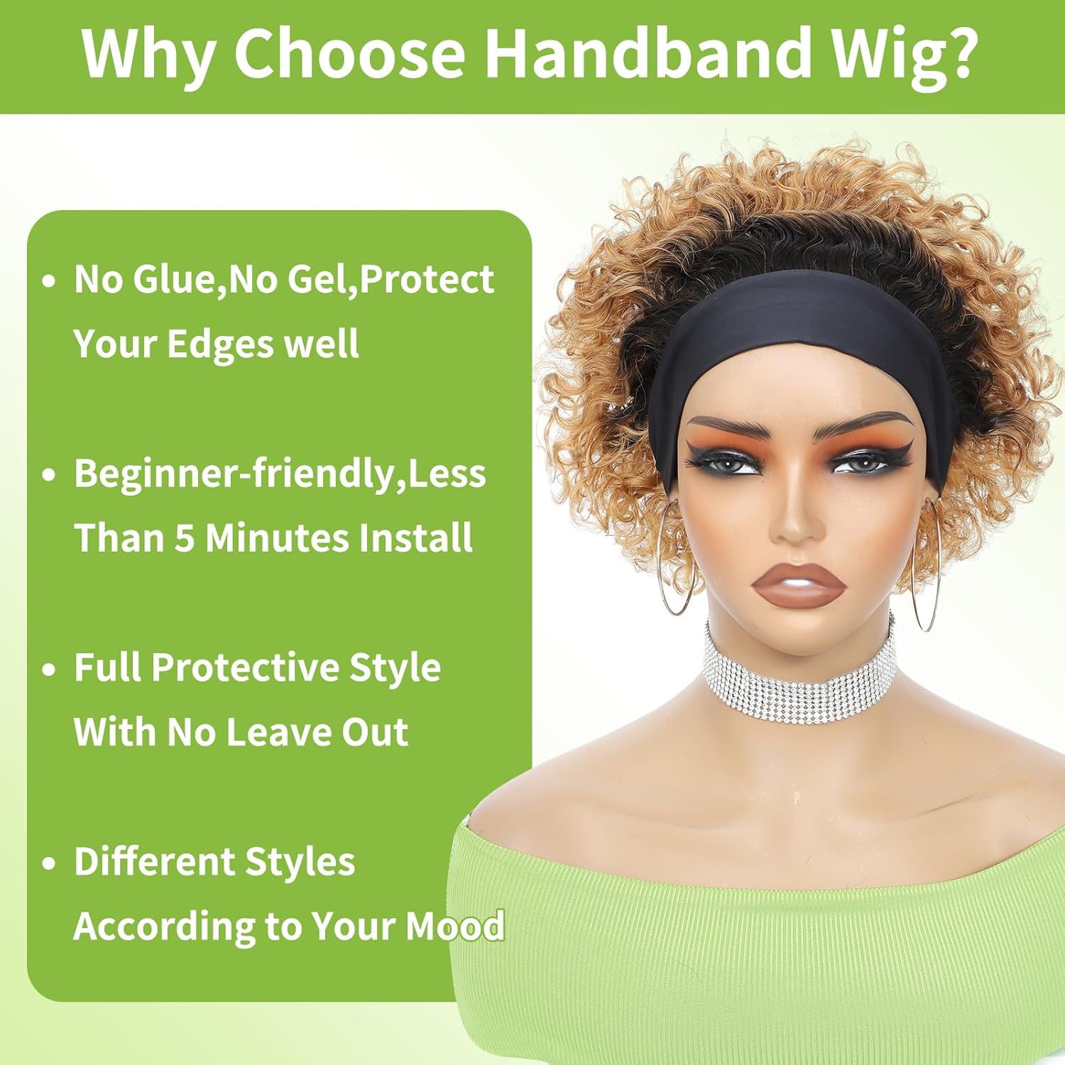 Headband Wig Human Hair Wigs for Black Women Blonde Ombre Pixie Cut Wig Human Hair Put on and Go Glueless Wig Curly Headband Wigs 150% Density Natural Black 8 Inch,T27