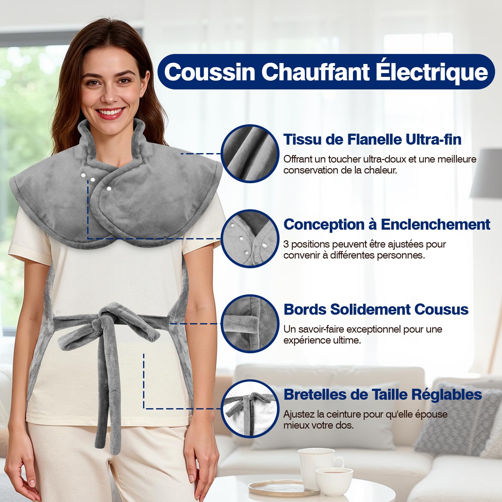 Coussin Chauffant dos Electrique Epaule et Nuque 60×100 cm, 9 Niveaux de Chaleur, 4 RéGlages de Minuterie d'arrêt Automatique, Chauffe-dos, Chauffage Rapide, Flanelle, Lavable en Machine