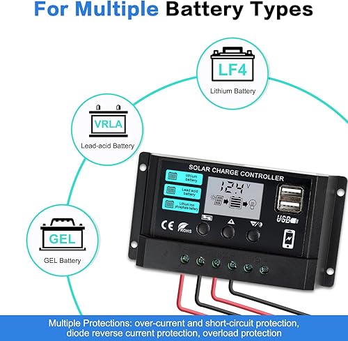 Miniatura 5 de TBER Kit de panel solar de 50 W12 V con controlador de carga de 10 A, cargador de batería solar monocristalino para automóvil, motocicleta, barco,
