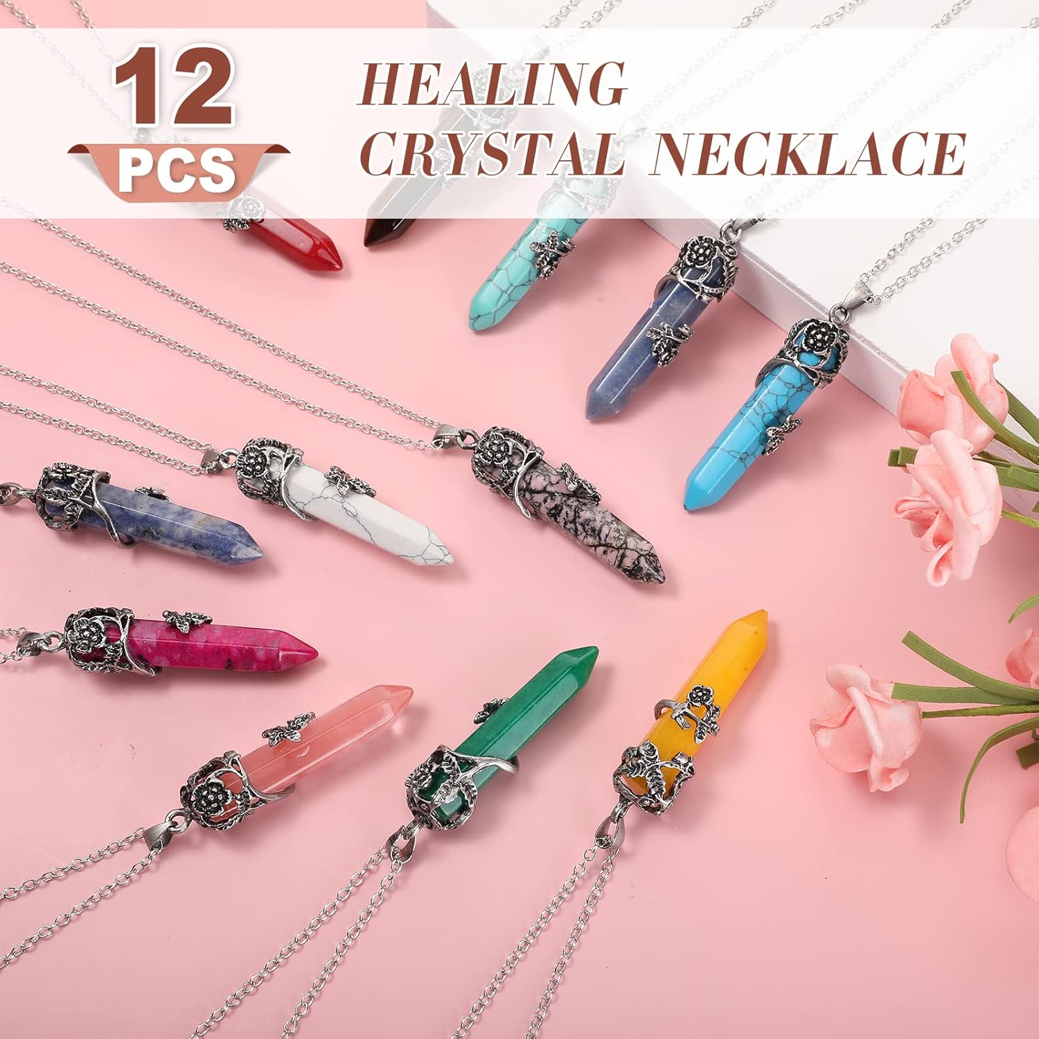 Sureio 12 Pcs Healing Crystal Stone Necklace Hexagonal Spiritual Pendant Natural Gemstone Healing Flower Wrapped Crystal Point Quartz Point Necklace with Chain for Women - Image 4